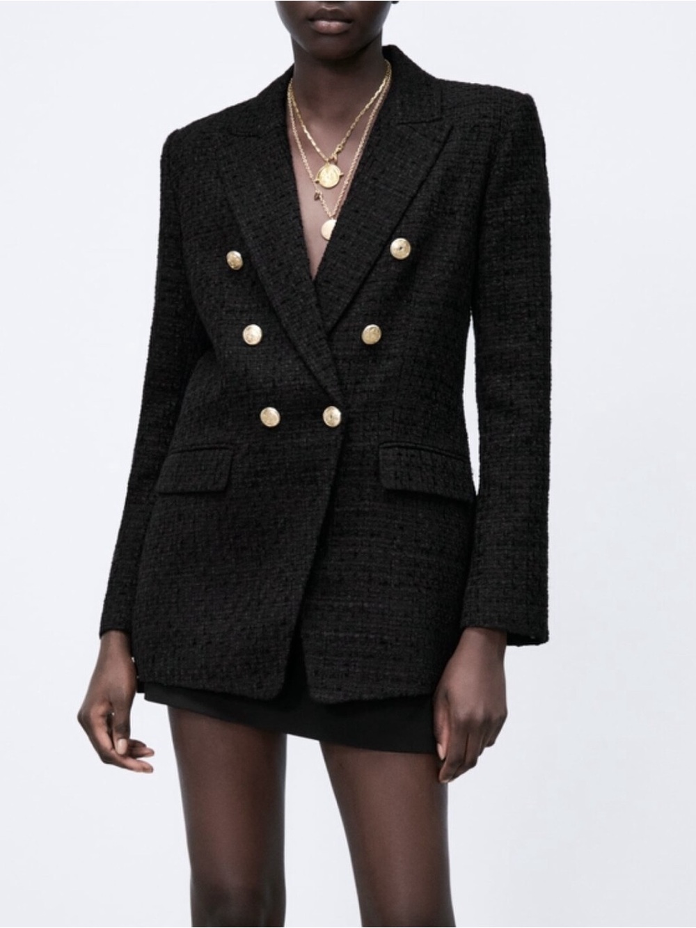 Zara Textured Tweed Black Double Breasted Blazer Jacket Gold Buttons Size S